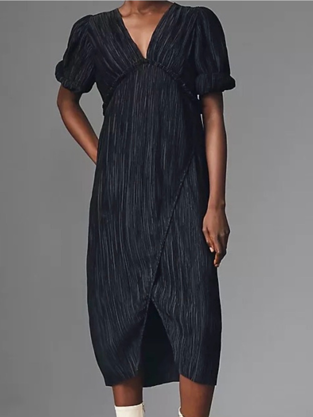 Anthropologie Black Midi Wrap Dress with Puff Sleeves
